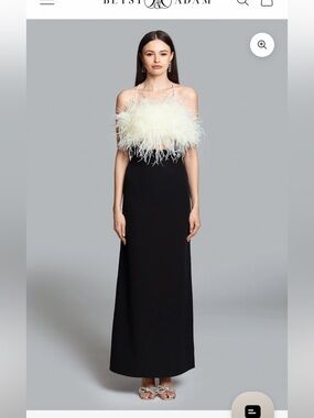 Betsy & Adam Crepe Evening Gown Full Length Dress Black White Feather Womens XS